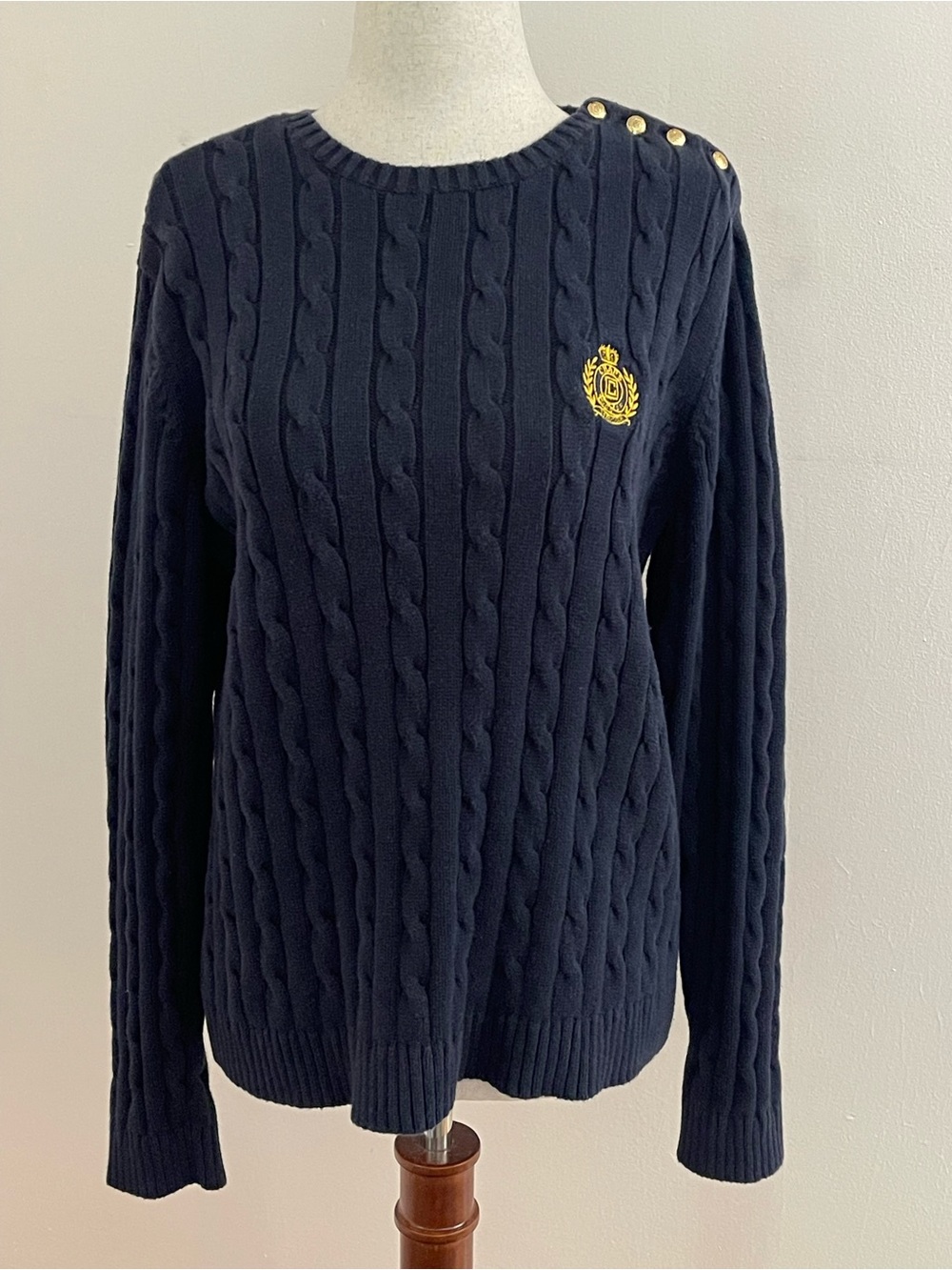 Chaps Navy Cable Knit Crest Sweater Gold Buttons 100% Cotton L